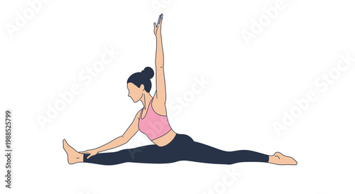 Woman practicing yoga in a deep seated split pose, stretching her body to improve flexibility and promote overall well-being. Illustration depicting healthy lifestyle, fitness, and mindfulness.
