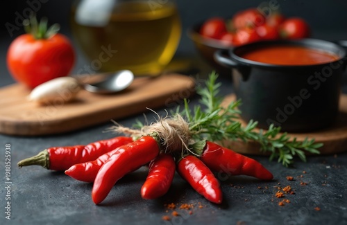 Red chili peppers tied with rosemary next to tomato sauce and olive oil. Ingredients for cooking spicy homemade food and sauces for Italian dishes like pizza and soup.