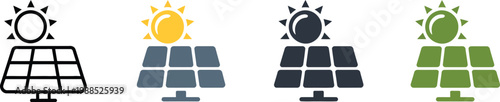 Solar Energy Icon Set Vector Illustration, Sun and Solar Panel Symbols in Outline, Solid, and Colored Styles for Renewable Energy, Green Power, and Sustainability Concepts