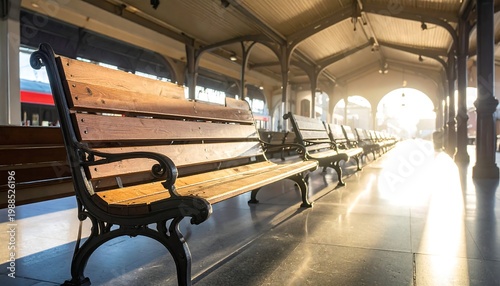 Empty wooden benches on a sunlit train station platform