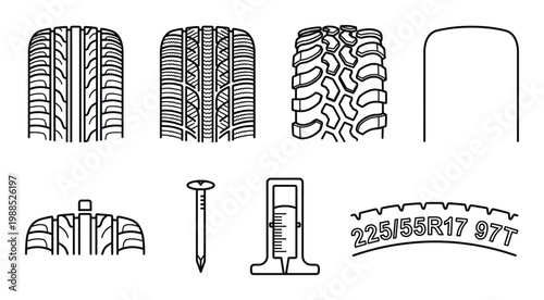 Outline tire tread patterns and depth gauge icons collection on transparent checkered background vector