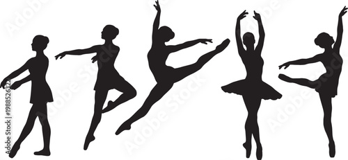 Collection of five elegant female ballet dancers in silhouette performing various graceful poses isolated on a white background