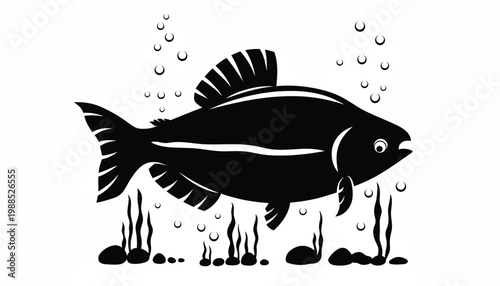 Fish illustration with bubbles and splash water flames, bold black silhouette style on clean white background