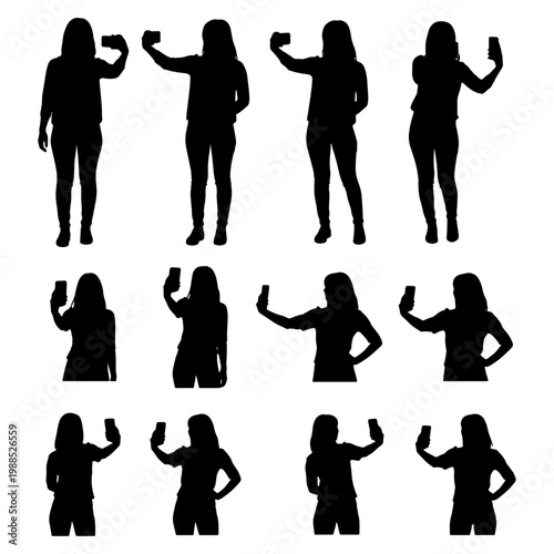 Woman Taking Selfie With Smartphone Silhouette Vector Set Female Social Media Pose Collection