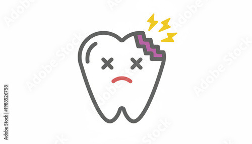 Tooth icon with sad face, cracked enamel, and lightning symbols for dental pain and toothache concept