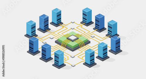 servers connected to a central processor.