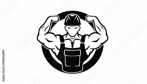 Gym bodybuilder flexing arm icon with muscular outline and barbell helmet logo style featuring flex, workout, strength training with athlete and
