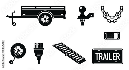 Set of black silhouette trailer components and towing accessories
