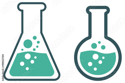 laboratory glassware with liquid and bubbles, scientific experiment concept showing two different containers with transparent fluid and rising air bubbles in controlled environment.