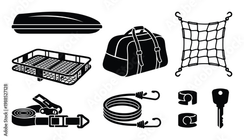 Set of black silhouette cargo carriers and car accessories for outdoor adventures