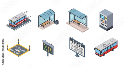 Isometric City Bus Transportation Icon Set with Bus Stop, Ticket Machine, and Schedule Board.