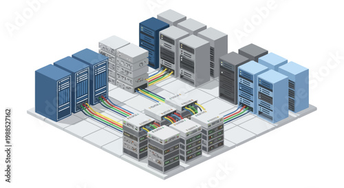 A data center with multiple server racks.