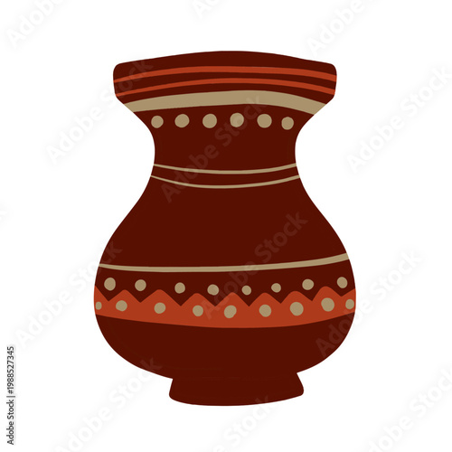 Clay pot, ancient ethnic ceramic vase, traditional pottery vessel with ornament. Hand drawn rustic clay pot