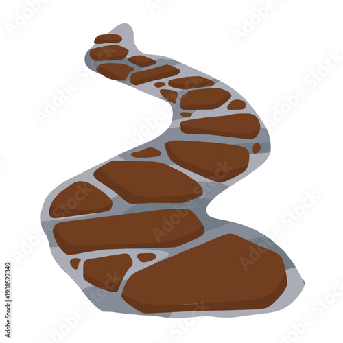 Stone path, brown pebble walkway winding garden trail. Natural rock stone path, organic paving block landscape element. Outdoor park footpath, zen garden stone decoration, flat rustic pavement shape