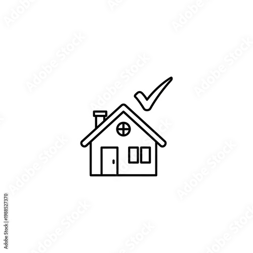 A simple line drawing of a house with a checkmark above it