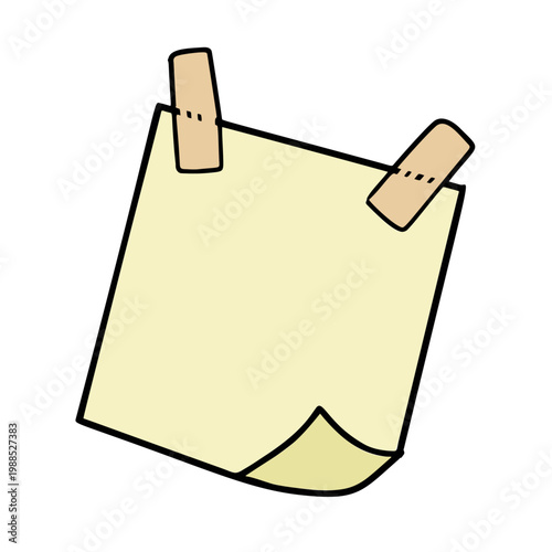 Yellow sticky note, memo paper sticker with adhesive tape strips doodle. Blank message reminder, office post note board, notice paper page isolated. Sticky note element
