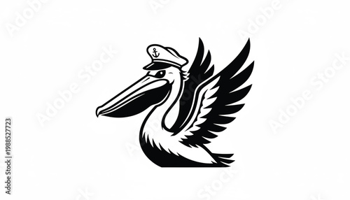 Eagle pirate emblem with captain hat, black wings, and bold line art for gaming and sports logos featuring crest, mascot, vector style with