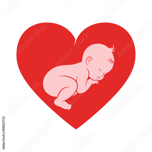 A sweet baby rests peacefully inside a large red heart, symbolizing love, care, and new beginnings, perfect for maternity and healthcare themes