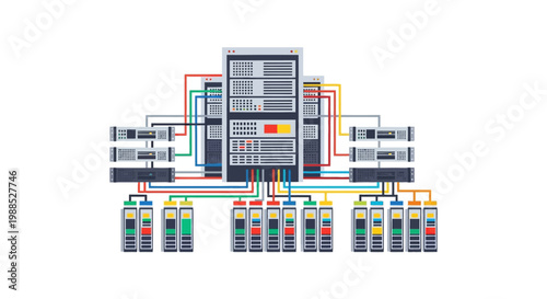 A complex system of colorful network connections.