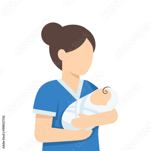 A medical professional in blue scrubs gently cradles a swaddled newborn baby in her arms, symbolizing care and new life