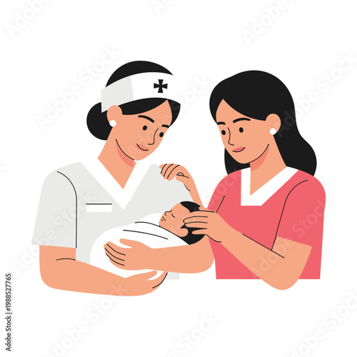 Compassionate nurse providing tender care to a newborn baby, supported by a loving mother, symbolizing professional maternity and new family beginnings