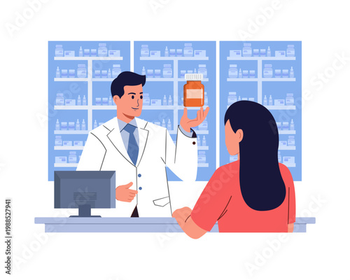 Pharmacist explains medication to patient at the pharmacy counter vector illustration