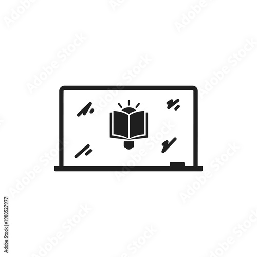 A simple black and white illustration of a laptop with an open book on its screen