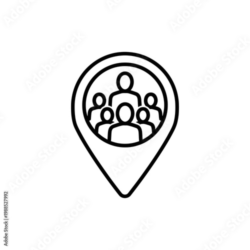 A simple black line drawing of a location pin with people inside
