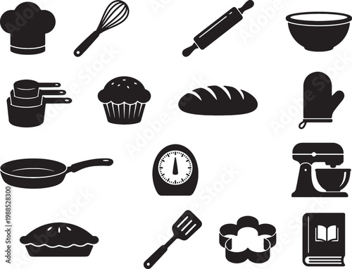 Collection of various black baking and cooking utensils and ingredients on a white background