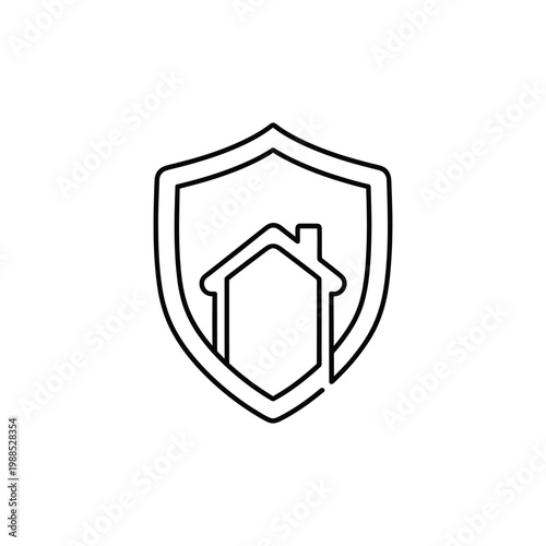 A simple line drawing of a house protected by a shield