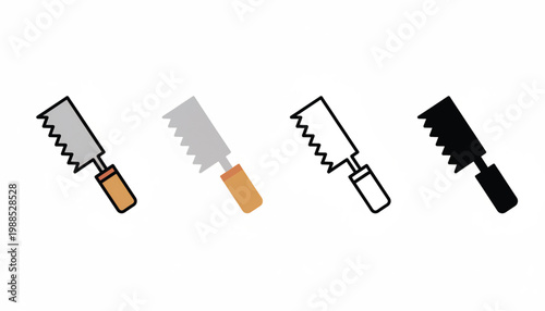 Chainsaw icon set with gray, orange and black outlines on white background for carpentry and safety graphics