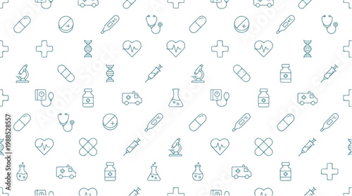 Seamless pattern of medical healthcare icons including stethoscope, DNA, heart, and ambulance on a white background