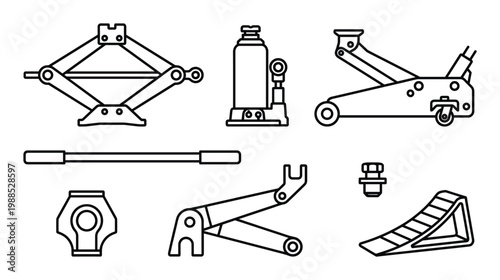 Set of outline icons of car jacks and vehicle repair tools on transparent background
