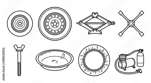 Set of outline icons of car tires and vehicle repair tools on transparent background