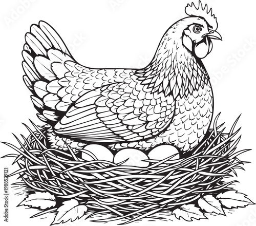 A Mother Hen Sitting on Her Eggs in a Nest isolated on transparent background, Vector, illustration