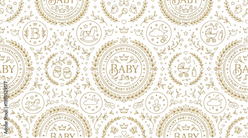 Elegant seamless pattern with baby icons and decorative golden elements on a white background