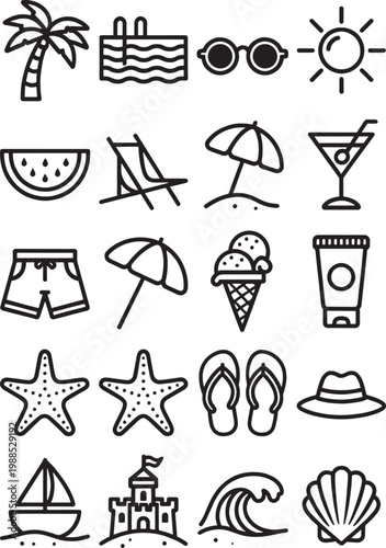 Summer Beach Line Icons Set – Tropical Vacation Outline Vector Collection