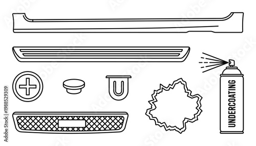 Set of various automotive parts outline design, including undercoating spray can and body elements