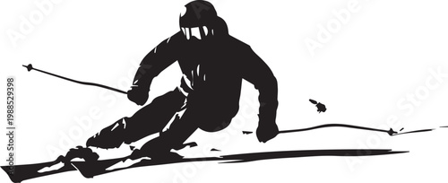 A Silhouette Of A Person Skiing Down A Snowy Slope With Ski Poles isolated on transparent background, Vector, illustration