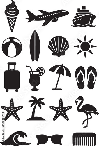 Summer Travel and Beach Silhouette Icons Set – Tropical Vacation Black Vector Collection