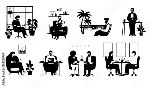 Freelance people working from home and beach flat vector illustration set remote work lifestyle isolated on white background