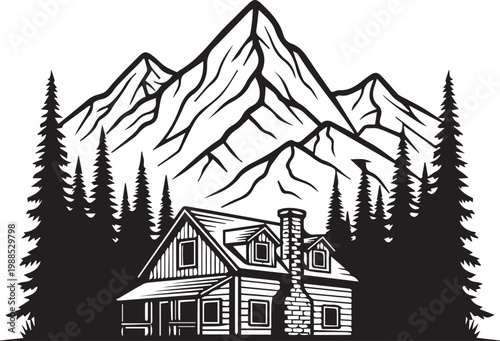 A Serene Mountain Retreat With A Cozy House And Towering Peaks isolated on transparent background, Vector, illustration