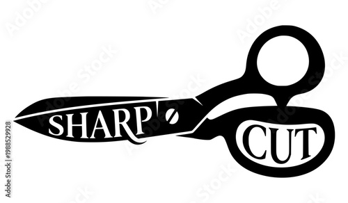 A pair of scissors with sharp and cut written on the blades