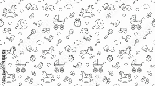 Charming seamless pattern of baby icons including sleeping babies, rocking horses, and prams in a cute doodle style