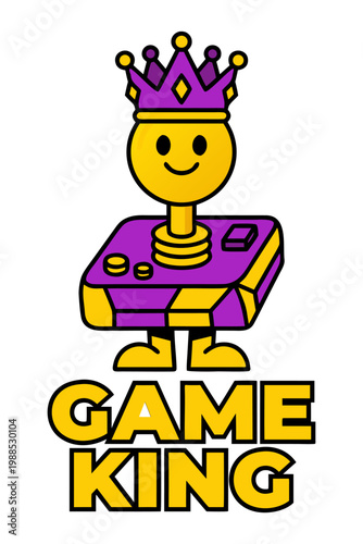 A cartoon character wearing a crown and holding a game console