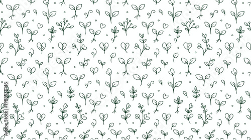 Delicate hand-drawn seamless pattern of small sprouting plants and hearts on a white background