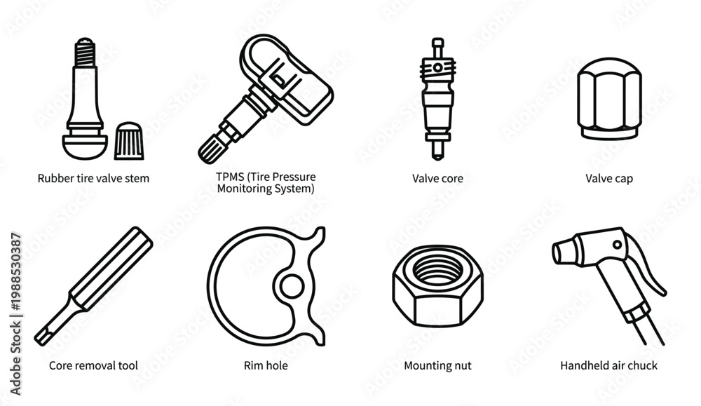 Fototapeta premium Tire valve stem and sensor components icon set for automotive repair services in line art style now