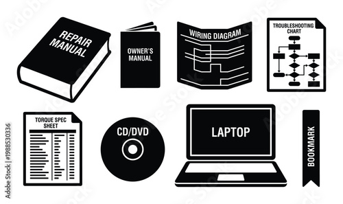Technical repair manual and automotive documentation icon set featuring laptop cd and wiring diagram