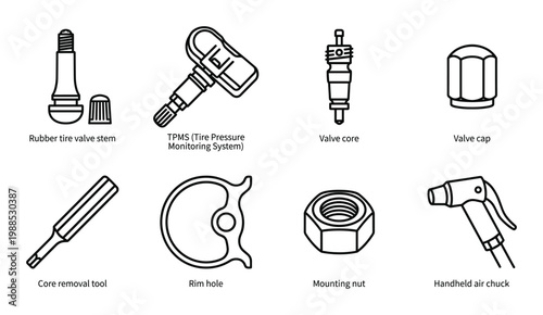 Tire valve stem and sensor components icon set for automotive repair services in line art style now