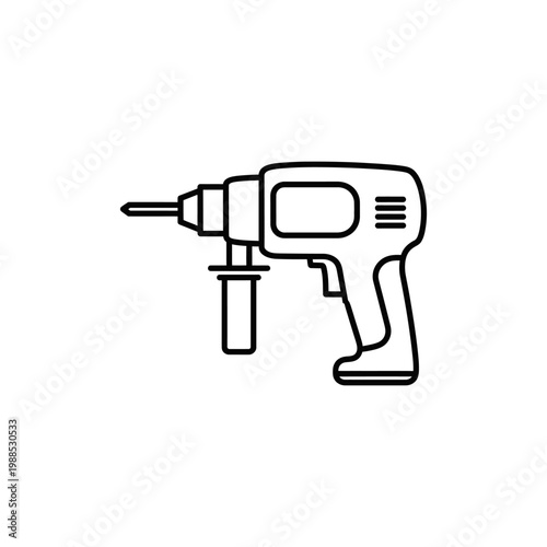 A black and white illustration of a power drill on a plain background